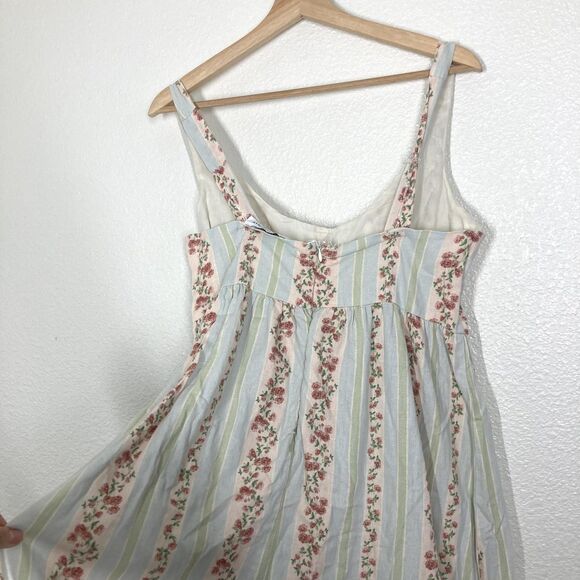 WeWoreWhat Dress Womens Large Blue Green Floral Stripe Linen Blend Midi Back Zip - Picture 14 of 16